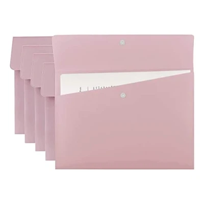 Immagine di VANRA Cartelline portadocumenti in polietilene, formato lettera, organizer plastica, A4, porta documenti piatto con chiusura a bottone pressione (rosa pastello, confezione da 5)