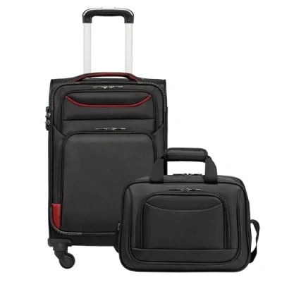 Immagine di COOLIFE valigia trolley da viaggio di 4 ruote in tessuto bagaglio a mano serratura TSA La contiene 1 grande borsa tracolla, nero+rosso, Handgepäck Set 2tlg, Nice