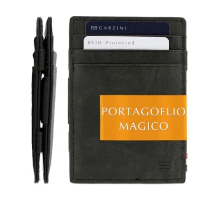 Immagine di GARZINI Portafoglio Magico in vera pelle, sottile e minimalista Magic Wallet da uomo con sistema di blocco RFID, Brushed Black