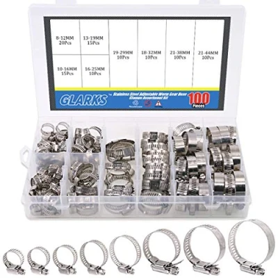 Immagine di Glarks 100 pezzi regolabili 8 44 mm gamma 304 in acciaio inox vite senza fine kit assortimento di morsetti per tubo dell&#039;acqua, idraulici, applicazioni automobilistiche e meccaniche