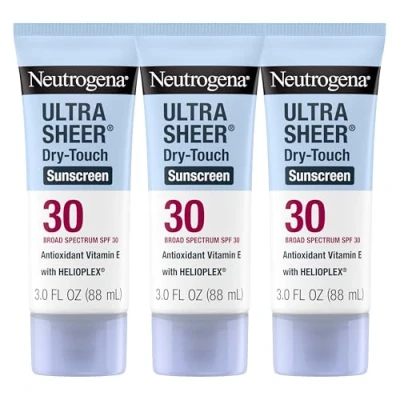Immagine di Neutrogena Ultra Sheer Dry Touch Sunscreen Lozione Broad Spectrum SPF 30 UVA/UVB, senza ossibenzone, impermeabile, non comedogenica, greasy, da viaggio, 3 pezzi