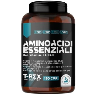 Immagine di EAA Aminoacidi Essenziali con mix di vitamine B1, B6 ed E Integratore amminoacidi naturali vegan ottenuti da fermentazione T Rex Integratori (Compresse, 150 Unità (Confezione 1))