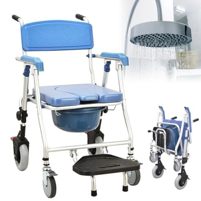 Immagine di VFDZ Sedia Comoda WC per Anziani, Doccia Disabili con Ruote Pieghevole, a Rotelle Anziani WC, Carrozzina Quattro Freni