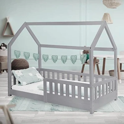 Immagine di ML Design Lettino per Bambini a Forma di Casa 80 x 160 cm con Protezione Anticaduta Tetto e Rete Doghe in Legno Pino Massiccio Grigio Letto Bimbi Robusto Facile da Montare Peso Max. 100 kg