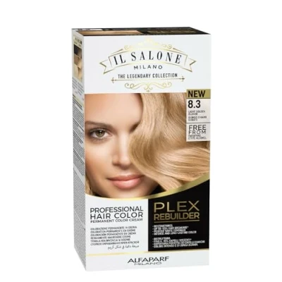 Immagine di Colore permanente per capelli 8.3 Biondo Chiaro Dorato Plex Rebuilder Il Salone, 43 ml+70 ml+15 ml, Alfaparf