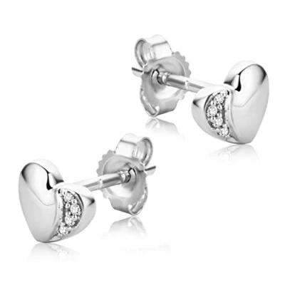 Immagine di Orecchini a Cuore Orovi in Oro Bianco con Diamanti Naturali, Vero 9KT 375, Piccoli lobo, Bottone ipoallergenici perno e chiusura farfalla pressione.
