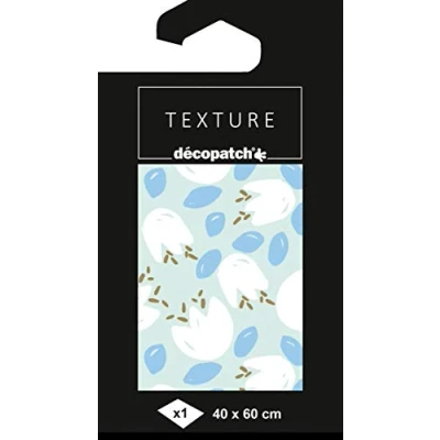 Immagine di Décopatch TD845C Una Confezione da 1 Foglio di Carta Texturizzata 40x60 cm, Tulipani Bianchi su Sfondo Blu