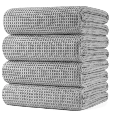 Immagine di Polyte Asciugamano da bagno in microfibra senza pelucchi e ad asciugatura rapida struttura a nido d&#039;ape molto grande grigio chiaro 152 x 76 cm 4 pezzi