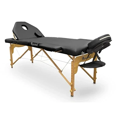 Immagine di QUIRUMED Lettino pieghevole in legno Pro, 194 x 70 cm, con schienale ribaltabile, colore nero, ecopelle, foro viso, testa rimovibile, altezza regolabile, fino a 150 kg