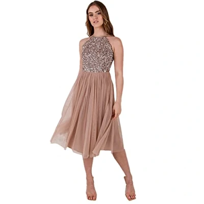 Immagine di Maya Deluxe Abito Midi da Donna con Scollo all&#039;Americana in Tulle per Sera, Laurea, Ballo di Fine Anno, Matrimonio Vestito Damigella d’Onore, Tortora Blush, 44