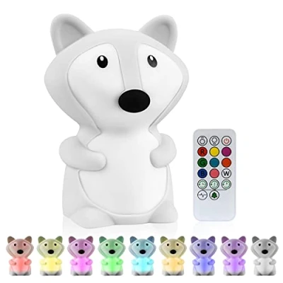 Immagine di Vicloon Luce Notturna Bambini, LED 9 Colori con Telecomando Ricaricabile, Lampada da Notte Neonati in Silicone per Dormire e Rilassarsi, Decorazioni Camerette Letto Bambini (Volpe)