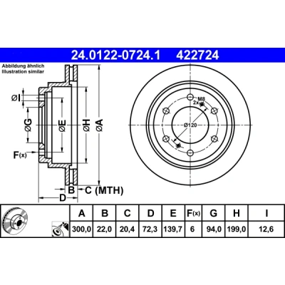 Immagine di ATE 24.0122 0724.1 Disco freno 300,0 22,0 6 139,7 ventilato rivestito MITSUBISHI: PAJERO 3, 4