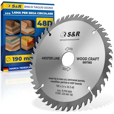 Immagine di S&amp;R Lama TCT per sega Circolare. Disco da taglio Legno (190x30mm 48 Denti), compatibile con a immersione e circolare Bosch Makita.