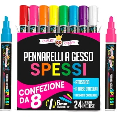 Immagine di Chalky Crown Pennarelli Lavabili per Bambini con Punta Grossa a Craie Liquida Lavagne Colori Intensi, Reversibile 6 mm (8 Pezzi) 24 Etichette Lavagna Incluse