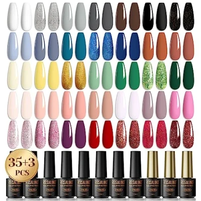 Immagine di ROSALIND 38Pz Smalto Semipermanente Unghie, con Base Coat e Glossy &amp; Matt Top Coat,Smalto per Unghie in Gel UV LED Bianco Argento Grigio Marrone Nero Professionali Kit