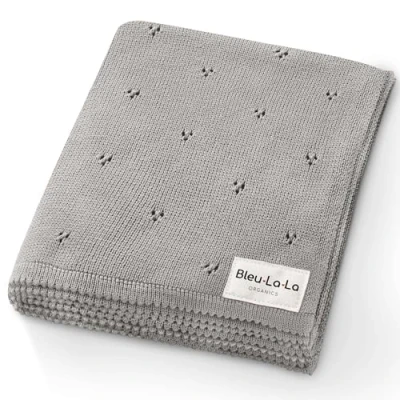 Immagine di Bleu La Coperta per Fasciatoio Neonati Lavorata a Maglia in 100% Cotone Organico di Lusso Morbida e Accogliente Culla Unisex Ragazze (Grigio)