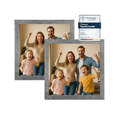 Immagine di CABBEL cornice portafoto 25 x cm, in MDF, vetro acrilico infrangibile, grigio (cemento), confezione da 2 pezzi, quadrata appoggiare o appendere, moderna e stabile
