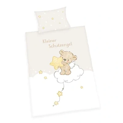 Immagine di Herding Set Biancheria da Letto Piccolo Angelo Custode, MADE IN GREEN by OEKO TEX, Federa 40 x 60 cm con Chiusura a Busta, Copripiumino 100 135 Cerniera, 100% Cotone Renforcé, Bianco/Beige