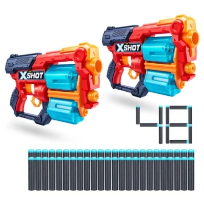 Immagine di Excel Xcess (2 confezioni da 48 freccette) Blaster Combo Pack by ZURU, X Shot Red Foam Dart Blaster, giocattolo doppio barile rotante, giocattoli per bambini, adolescenti, adulti (rosso)