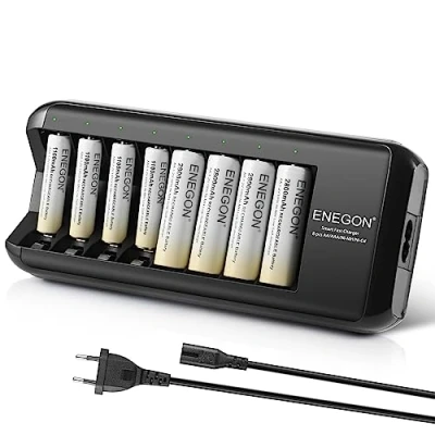 Immagine di ENEGON Caricabatterie (8 slot) con 4 batterie AAA da 1100 mAh e AA 2800 mAh, ricaricabili, ad alta capacità AAA, per AA/AAA NI Mh