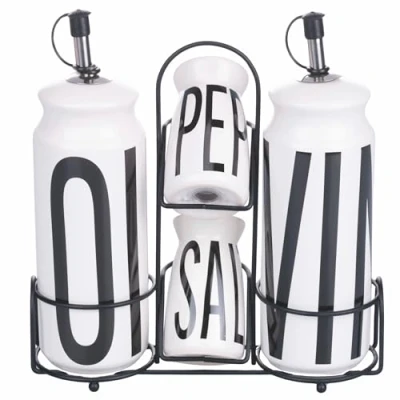 Immagine di Villa d&#039;Este Home Tivoli Set olio, aceto, sale e pepe in gres, stand acciaio inox, bianco, Bigismore