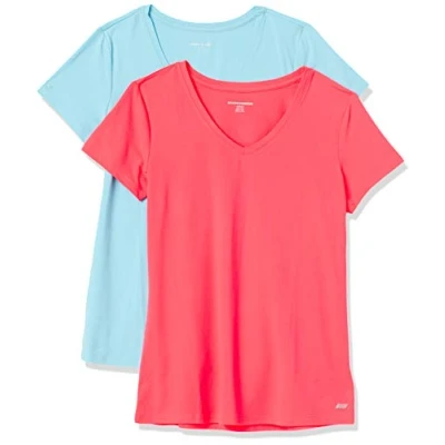 Immagine di Amazon Essentials T Shirt Tech Stretch a Maniche Corte con Scollo V (Disponibile in Taglia Forte) Donna, Pacco da 2, Blu/Rosa Fluo, M