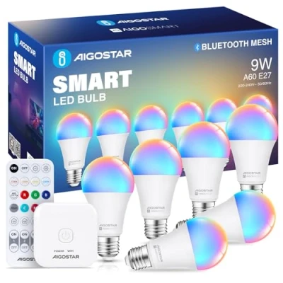 Immagine di Aigostar Mesh 9W A60 Lampadine Alexa Bluetooth Mesh, Lampadina Smart Works with Alexa, E27 LED 806LM RGB &amp; 2700K 6500K, 6 Unità (Con telecomando e Gateway)