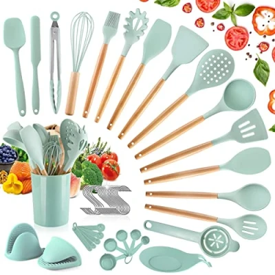 Immagine di TWBEST, Set di Utensili da Cucina in Silicone 49 PCS, Resistente al Calore, Antiaderenti, con Mestolo/Spatola/Cucchiaio/Frusta/Pennello