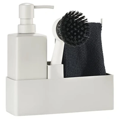 Immagine di Zone Denmark Set di 4 accessori per lavastoviglie con dispenser sapone/dispenser sapone, panno e spazzola piatti, 19 x 6 20,5 cm, grigio caldo