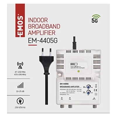 Immagine di EMOS Amplificatore a banda larga 25 dB (gamma di frequenza 47 230 MHz, 470 698 MHz) per Sat, DVB T2, TV via cavo o antenna, 1 ingresso, 2 uscite, 10,5 x 13,5 4 cm