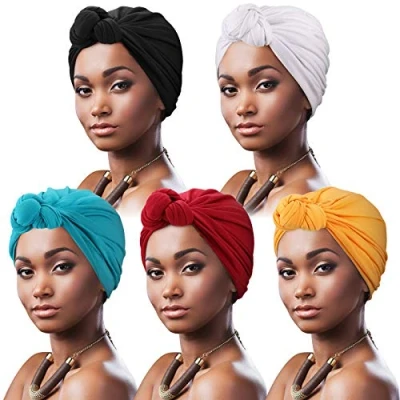 Immagine di DRESHOW 5 Pezzi Donna Africana Turbante Sciarpa Avvolge Testa Boho Elastico annodato Berretto Pre Chemio Cappello