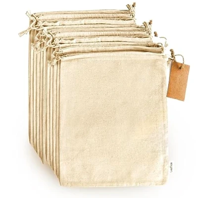 Immagine di Leafico Sacchetti Riutilizzabili In Cotone 25x30 cm 12 Pz Multiuso con Coulisse Biodegradabili per Pane, Verdure e Altro Stoffa, Mussola, Tela Lino Ecologici.