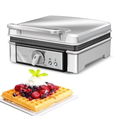 Immagine di MPM MGO13 Macchina Professionale per 2 Cialde Belghe Spesso, Waffle Maker, Piastre Antiaderenti, Regolatore di Temperatura, Alloggiamento in Acciaio Inox, 1400W