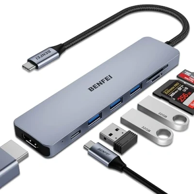 Immagine di BENFEI HUB USB C 7in1, Adattatore multiporta con HDMI(4K@60Hz Certificato)/100W Power Delivery/3*USB 3.0/Lettore Schede SD/TF (160MB/s) per iPhone 15 Pro/Max MacBook iPad Pro iMac S23 XPS17