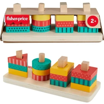 Immagine di Fisher Price Impilatore di forme in legno, 12 da impilare e una base, gioco cercaforme per stimolare le capacità motorie la risoluzione problemi, giocattolo bambini, 2+ anni, HXV05