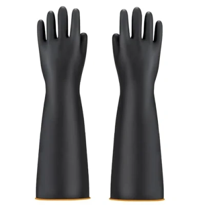 Immagine di YIOIY guanti resistenti agli agenti chimici, in gomma resistente, protettivi industriali, riutilizzabili, a forti acidi, alcali e olio (Arancio Interno, 45CM)