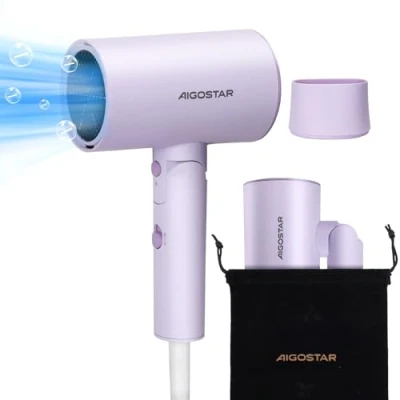 Immagine di Aigostar Asciugacapelli da Viaggio Tecnologia Ionica 2100W, 3 Temperature / 2 Velocità, Protezione Antieccesso di Calore, Viola con Borsa Memorizzazione