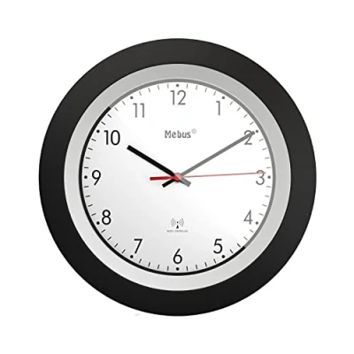 Immagine di Mebus Funk Wanduhr/klassisches Model/schwarzer Rahmen/weißes Zifferblatt / 29cm Durchmesser/Rund/Funkuhr (DCF77) Modell: 19447 Farbe: Schwarz, Weiß