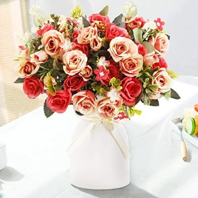 Immagine di LESING Rosa artificiale in seta con vaso fiori finti per matrimoni, bouquet di fiori, casa, ufficio, feste, centrotavola (rosso)