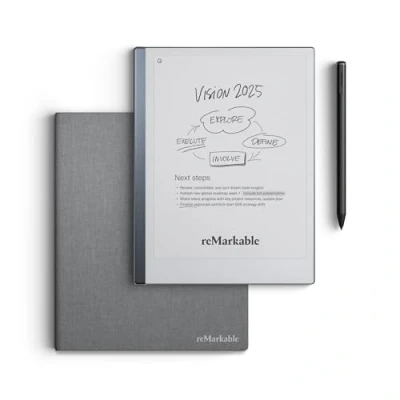 Immagine di reMarkable Essentials Bundle tavoletta 2 Paper Include da scrittura in bianco e nero 10,3&quot;, pennarello penna con gomma, copertina a libro tessuto grigio
