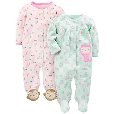 Immagine di Simple Joys by Carter&#039;s 2 Pack Cotton Snap Footed Sleep And Play Dormienti per Neonati e Bambini Piccoli, Rosa Scimmia/Verde Menta Owls, 0 3 Mesi (Pacco da 2)