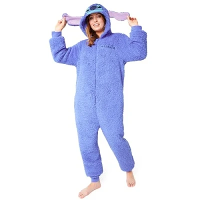 Immagine di Disney Pigiama Donna Intero Pigiamone Stitch in Pile con Zip e Cappuccio S 2XL Pigiami Interi Oversized per Ragazza (Blu Stitch, XL)