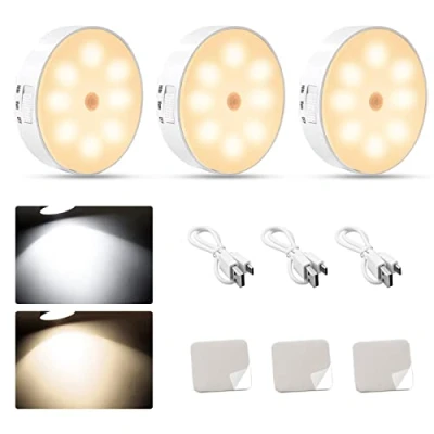 Immagine di Howeifull 3 Pezzi 8 LED Luce Notturna Ricaricabile USB, Sensore di Movimento per Luci, Bianco Caldo/Bianco Freddo Armadio, Scale, Cucine, Corridoio