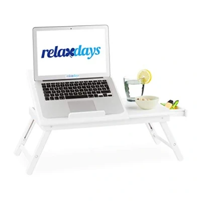 Immagine di Relaxdays Tavolino in bambù per laptop, altezza regolabile, letto e divano, con cassetto, misure (altezza, lunghezza, profondità): 24 x 60 35 cm, colore: bianco