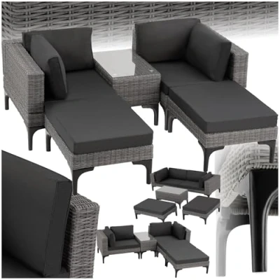 Immagine di TecTake® Salottino in Rattan Bellaria, Telaio Alluminio, Set da Giardino con Tavolino Salotto, Poltrone, Rivestimenti Idrorepellenti, Resistente ai Raggi UV Grigio