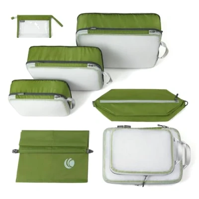 Immagine di Cipway Organizer Valigia,Cubi da Imballaggio a Compressione, Design Rete, Salvaspazio Borse Viaggio Set Sacchi Sottovuoto Vestiti per Zaini o Bagagli Mano (Verde,8 Pezzi)