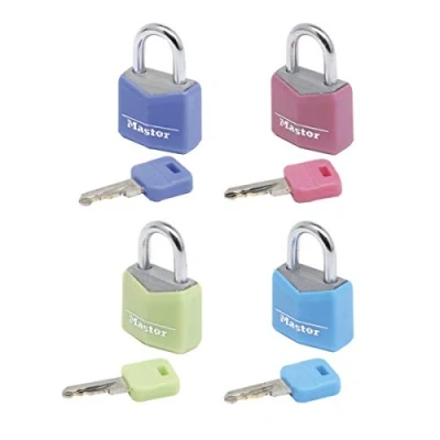 Immagine di Master Lock 9120EURQCOLNOP Mini Lucchetto, Chiave, Set di 4, Pacco Famiglia, Ottimo per valigia e armadietto, Multicolore(Casuale), Piccolo