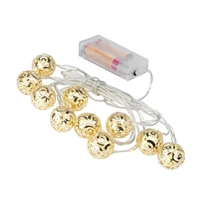 Immagine di Ideen mit Herz Catena di 10 luci a LED, luce bianca calda, con funzione timer, funzionamento batteria, per interni, lunghezza 3,05 m (sfere ornamentali 01, oro chiaro)