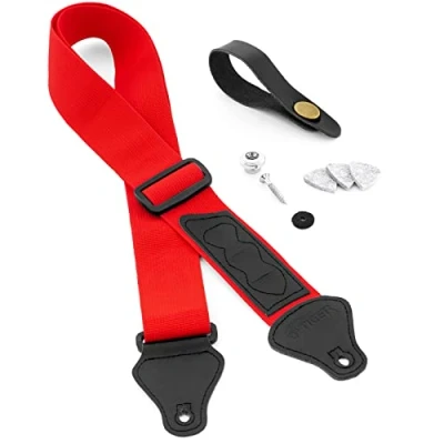 Immagine di TIGER Ukulele Strap Pack Include Cinghia, Cravatta per Cravatta, Pulsante/Pin Terminale e 3 Plettri In Feltro Adatto Soprano, Concerto, Tenore Baritono Ukes, Rosso