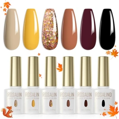Immagine di ROSALIND Smalti Semipermanenti Kaki Giallo Marrone Nero 6 Colori Smalto Semipermanente UV LED Per Unghie Soak Off Gel Polish Autunno Inverno